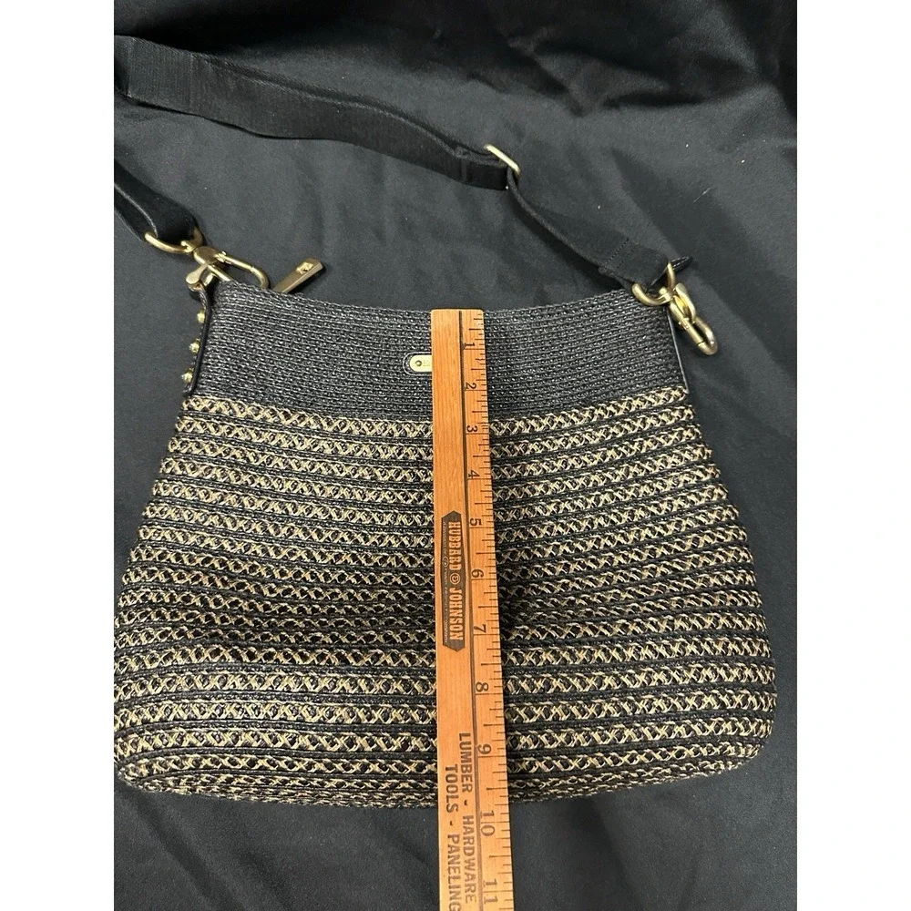 Eric Javits Woven Straw Raffia Style Shoulder Bag Black Tan Hobo Tote Purse
